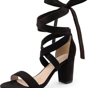 Women's Lace Up Block Heels 3 Inch Strappy Sandals Faux Suede Comfortable Style